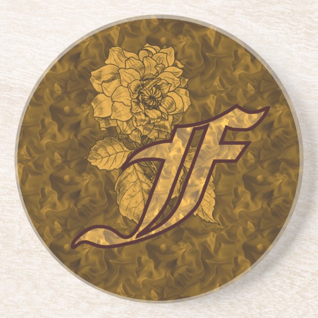 Dessous De Verre En Grès Monogramme Initiale F Pivoine Or  (Devant)