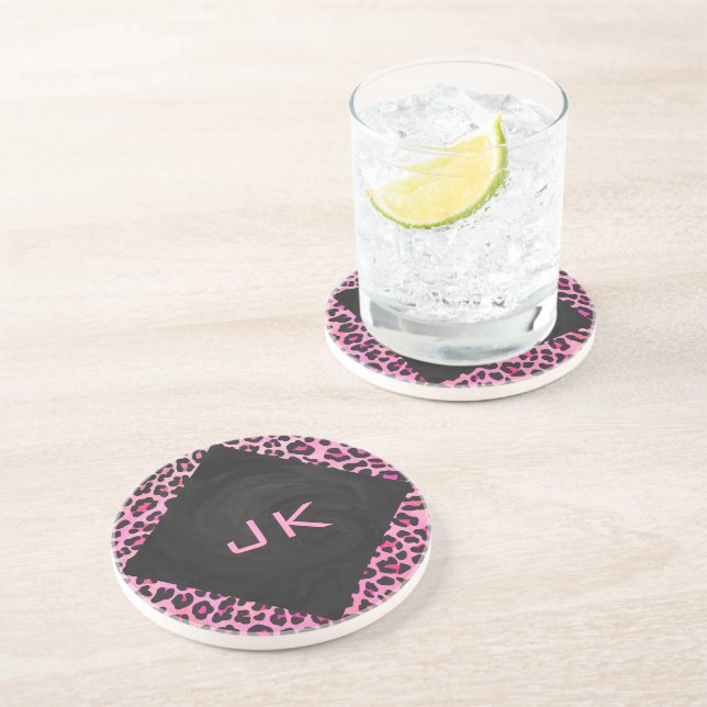 Dessous De Verre En Grès Monogramme Leopard noir et rose chaud (Côté)