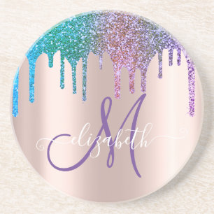 Dessous De Verre En Grès Monogramme Moderne Élégant Rose Gold avec Gouttes
