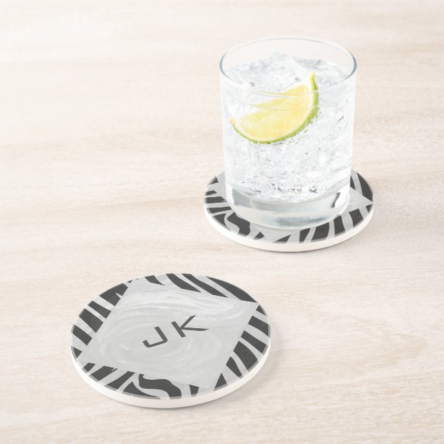 Dessous De Verre En Grès Monogramme noir et gris clair Zebra (Côté)