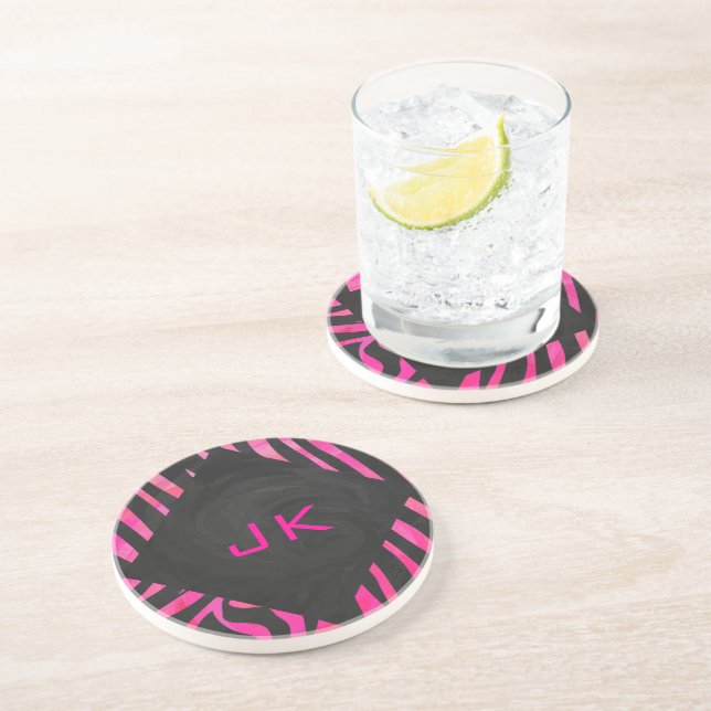 Dessous De Verre En Grès Monogramme noir et rose chaud Zebra Design (Côté)