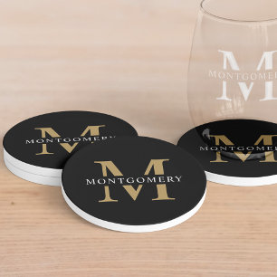 Dessous De Verre En Grès Monogramme Noir Or Moderne Minimal