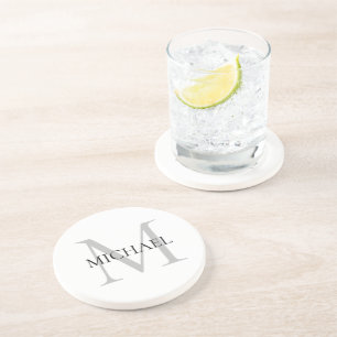 Dessous De Verre En Grès Monogramme personnalisé et nom blanc