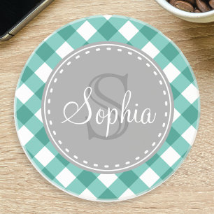 Dessous De Verre En Grès Monogramme turquoise blanc En vichy Motif plaqué