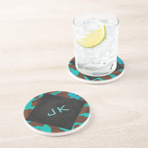 Dessous De Verre En Grès Monogramme Vache Impression Brown et Turquoise