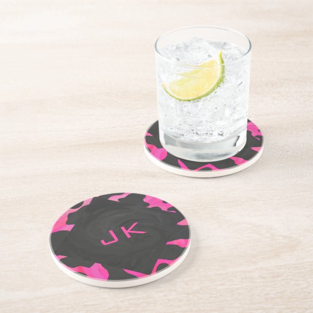 Dessous De Verre En Grès Monogramme vache rose chaud et noir (Côté)