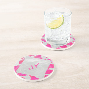 Dessous De Verre En Grès Monogramme Vache rose et blanc chaud