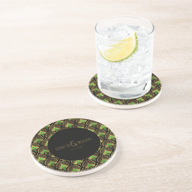 Dessous De Verre En Grès Motif Art déco or et vert (Côté)