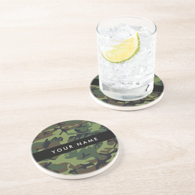 Dessous De Verre En Grès Motif Camouflage Vert, Votre nom, Personnaliser (Côté)