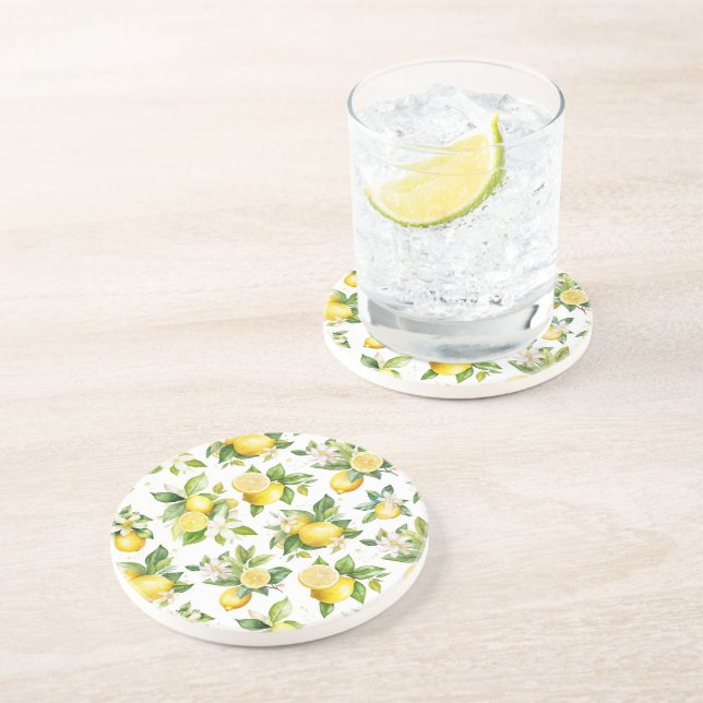 Dessous De Verre En Grès Motif citron, Fleurs de citron, Feuilles, Citrus (Côté)