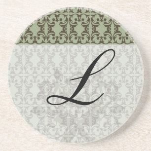 Dessous De Verre En Grès motif damassé vert olive sauge et marron orné