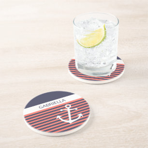Dessous De Verre En Grès Motif de bande orange corail marine personnalisé