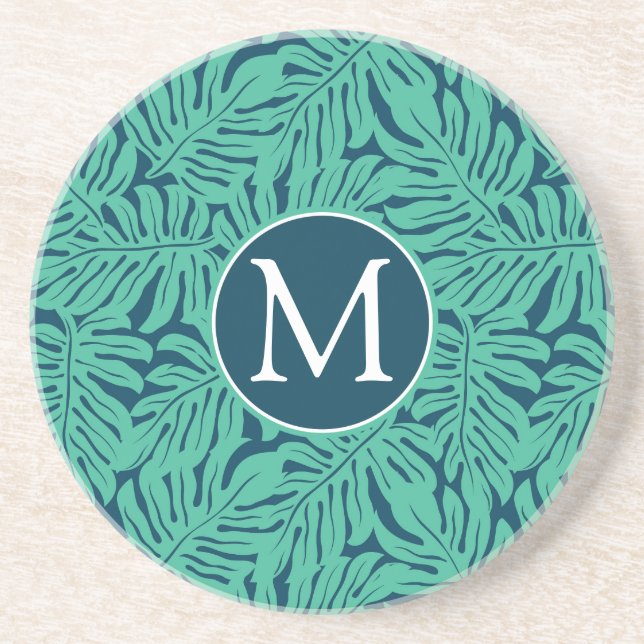 Dessous De Verre En Grès Motif de feuille tropicale Monstera | Monogramme (Devant)