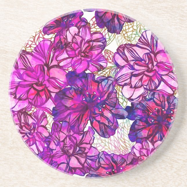Dessous De Verre En Grès Motif De Fleurs Abstraites Roses Et Violettes (Devant)