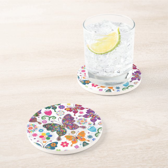 Dessous De Verre En Grès Motif De Papillons Et Fleurs Rétro (Côté)