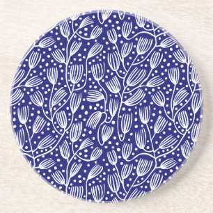 Dessous De Verre En Grès Motif de style tissu d'écorce - blanc sur bleu fon