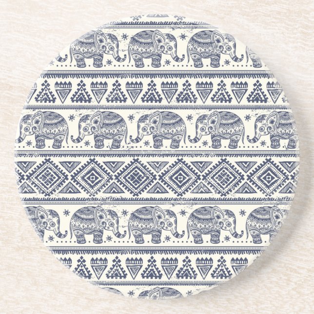 Dessous De Verre En Grès Motif d'éléphant ethnique bleu (Devant)