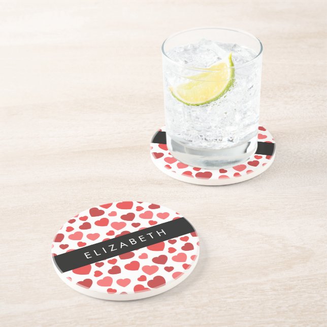 Dessous De Verre En Grès Motif Des Coeurs, Coeurs Rouges, Votre Nom (Côté)