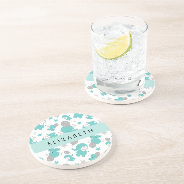 Dessous De Verre En Grès Motif Des Eléphants Bleus, Étoiles, Votre Nom (Côté)