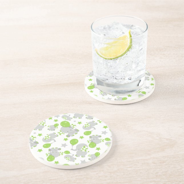 Dessous De Verre En Grès Motif Des Eléphants, Eléphants Mignons - Grey Vert (Côté)