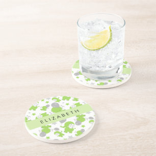 Dessous De Verre En Grès Motif Des Eléphants Verts, Étoiles, Votre Nom