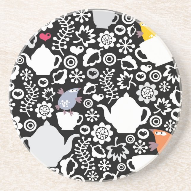 Dessous De Verre En Grès Motif d'oiseaux et de tasses (Devant)