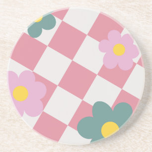 Dessous De Verre En Grès Motif floral à carreaux rose – Fleur mignonne rétr