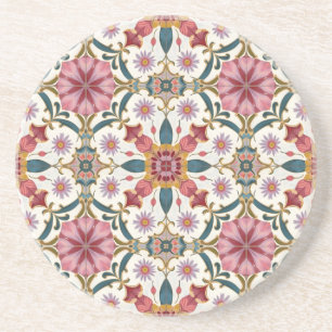 Dessous De Verre En Grès Motif floral boho en rouge, rose et sarcelle