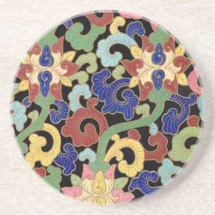 Dessous De Verre En Grès Motif floral chinois coloré sur fond noir