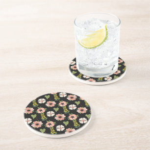 Dessous De Verre En Grès Motif floral élégant sur fond noir Botanique chi
