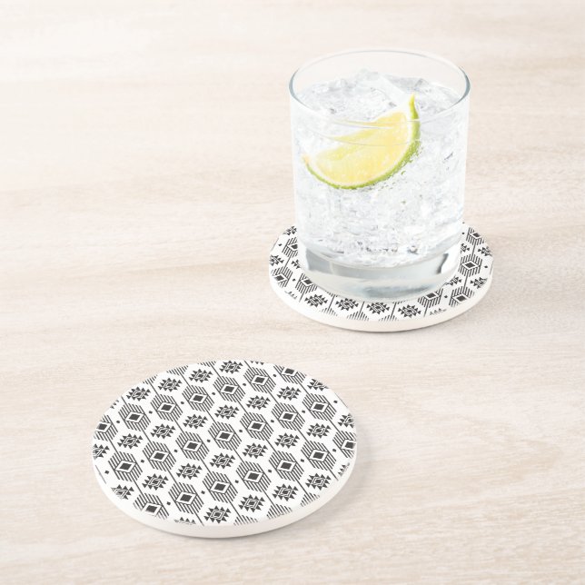 Dessous De Verre En Grès Motif géométrique ikat noir et blanc (Côté)