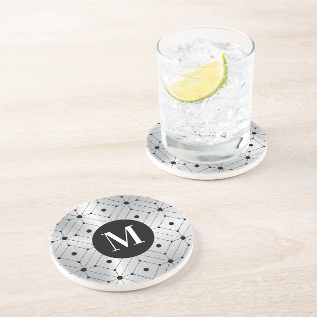 Dessous De Verre En Grès Motif géométrique noir argent arrière - plan métal (Côté)