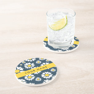 Dessous De Verre En Grès Motif Marguerite, Marguerites Blanches, Votre Nom