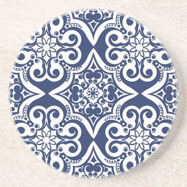 Dessous De Verre En Grès Motif marocain bleu et blanc (Devant)