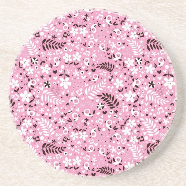 Dessous De Verre En Grès motif mignon de rose d'oiseaux et de fleurs (Devant)