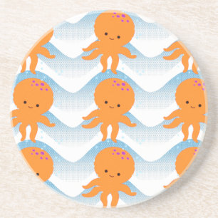 Dessous De Verre En Grès Motif Octopus Orange Et Vagues Bleues