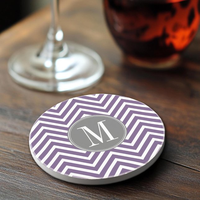 Dessous De Verre En Grès Motif pourpre et gris Chevron avec Monogram (Sandstone Coaster)