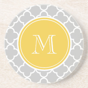 Dessous De Verre En Grès Motif Quatrefoil gris, Monogramme jaune