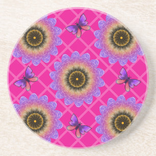 Dessous De Verre En Grès Motif Tournesol et Papillon en Velours Violet