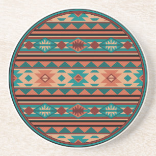 Dessous De Verre En Grès Motif Tribal Sud-Ouest Turquoise Terracotta