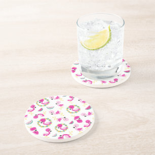 Dessous De Verre En Grès Motif tropical, Flamants roses, pastèques, Fleurs