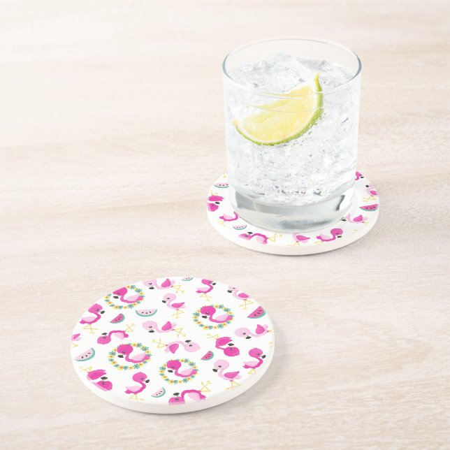 Dessous De Verre En Grès Motif tropical, Flamants roses, pastèques, Fleurs (Côté)