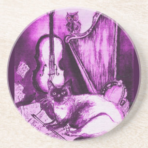 Dessous De Verre En Grès MUSICAL CAT ,Pink Fuchsia White