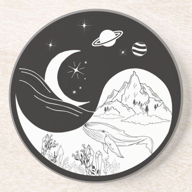 Dessous De Verre En Grès Mystique Céleste Yin Yang Signifiant Amour  (Devant)