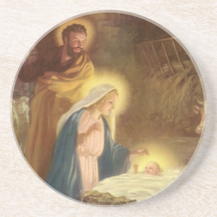 Dessous De Verre En Grès Nativité de Noël Vintage, Marie Joseph Bébé Jésus