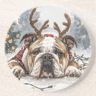 Dessous De Verre En Grès Noël anglais Bulldog Reindeer
