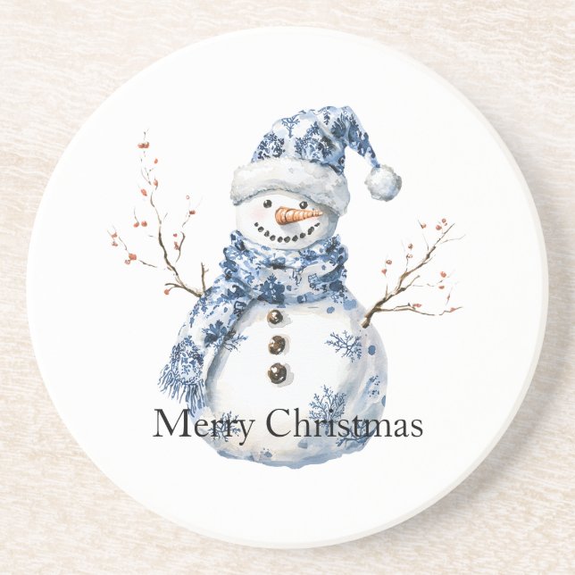 Dessous De Verre En Grès Noël Chic Bleu Blanc Snowman (Devant)