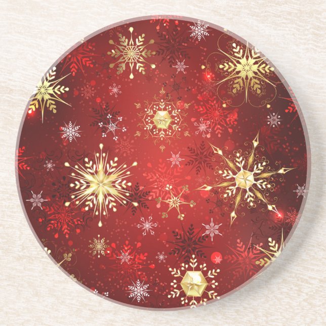 Dessous De Verre En Grès Noël Golden Snowflakes sur Arrière - plan rouge (Devant)
