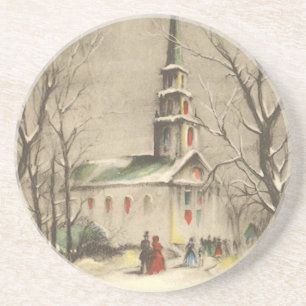 Dessous De Verre En Grès Noël vintage, église dans un paysage enneigé hiver