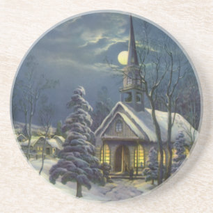 Dessous De Verre En Grès Noël Vintage, Église d'hiver en Neige avec Lune
